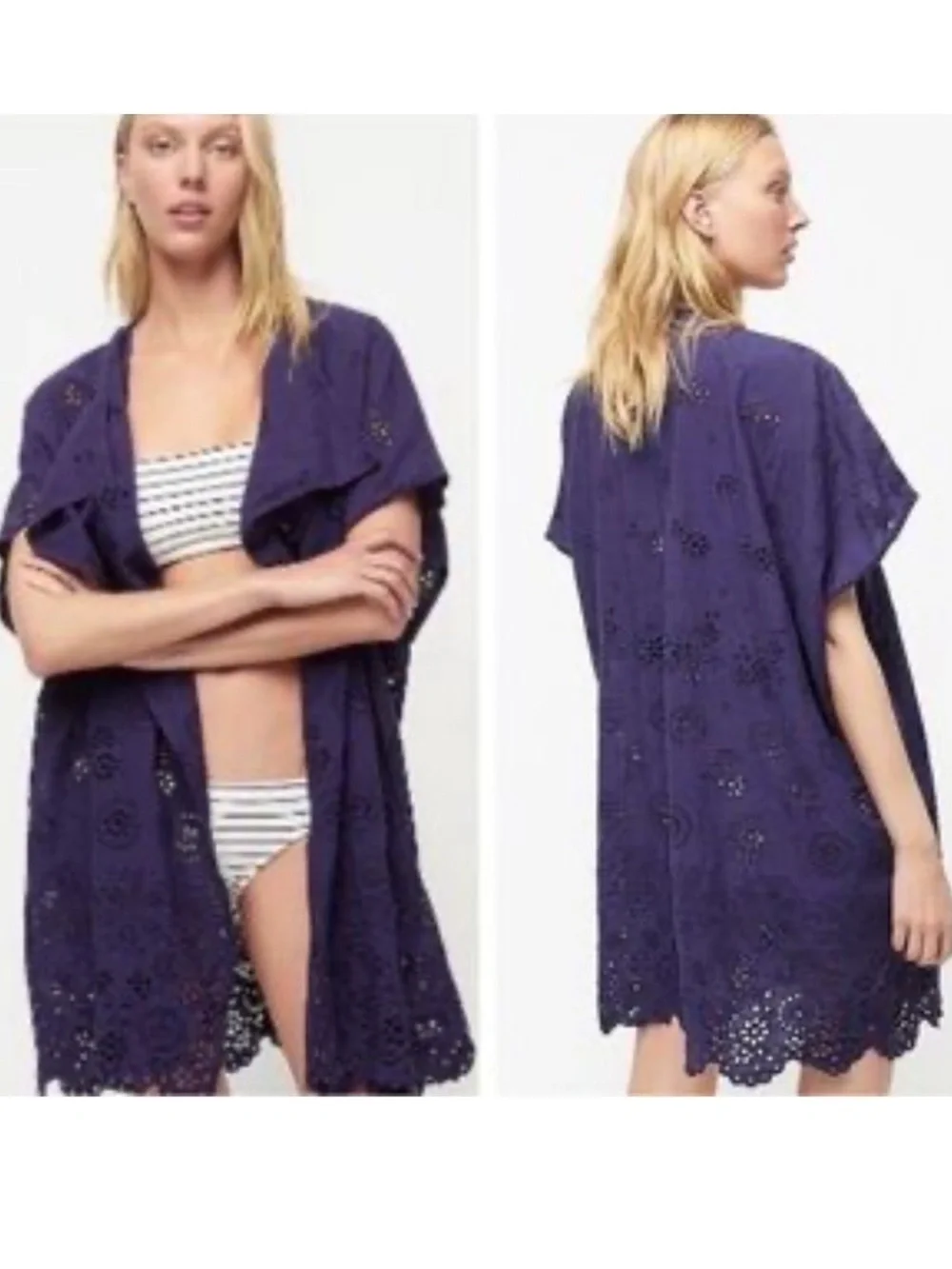 J. Crew Blue Purple 100% Organic Cotton Eyelet Open Front Coverup size M/L
